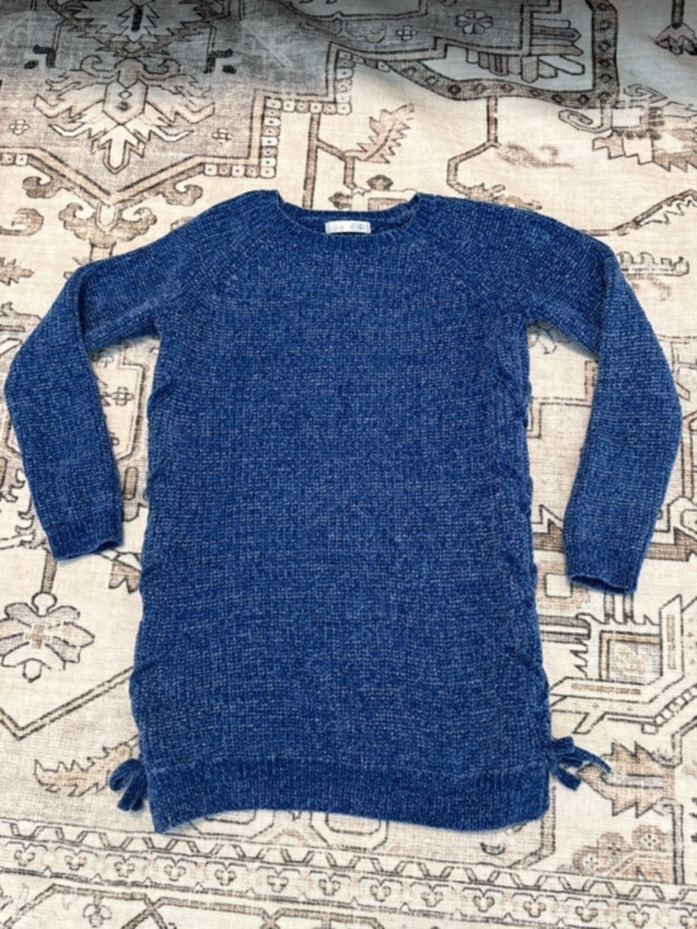 Girls Blue Knit Crewneck Sweater